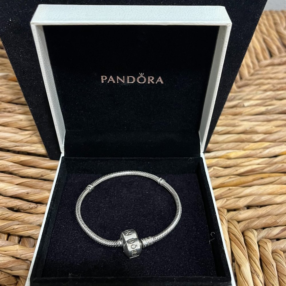 Pandora Moments Barrel Clasp Snake Chain Silver Bracelet-Preowned - Picture 3 of 8